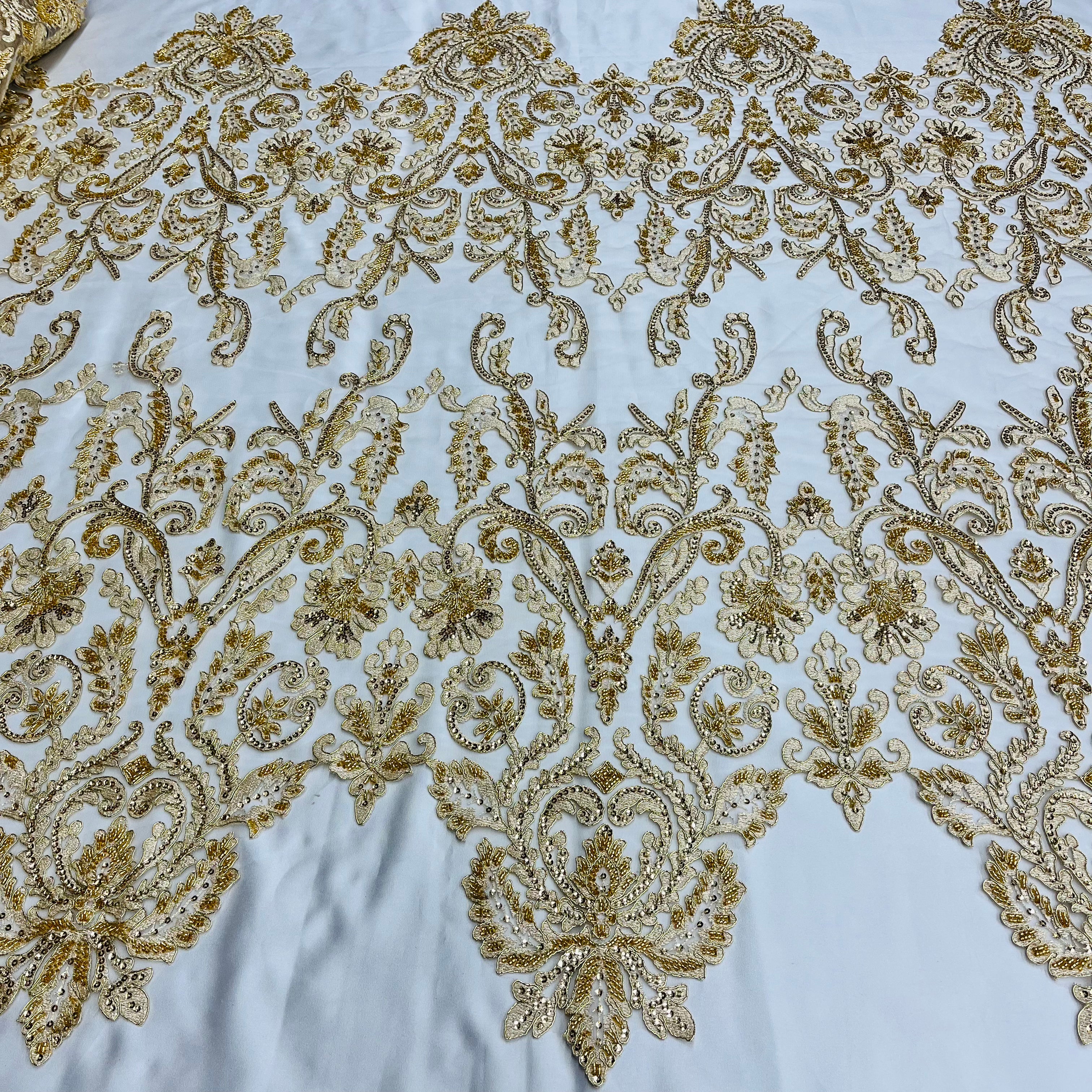 Beaded & Corded Bridal Lace Fabric Embroidered on 100% Polyester Net M –  Lace USA