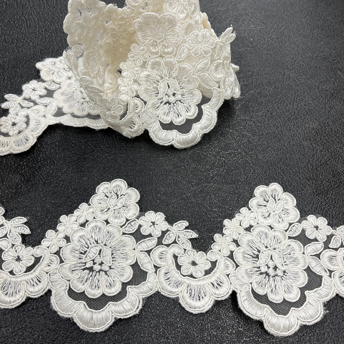 Corded Lace Trimming Embroidered on 100% Polyester Net Mesh | Lace USA - 97127W/1