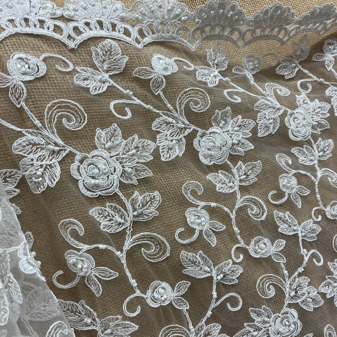 Beaded & Corded Bridal Lace Fabric Embroidered on 100% Polyester Net Mesh | Lace USA - 95042W-BP