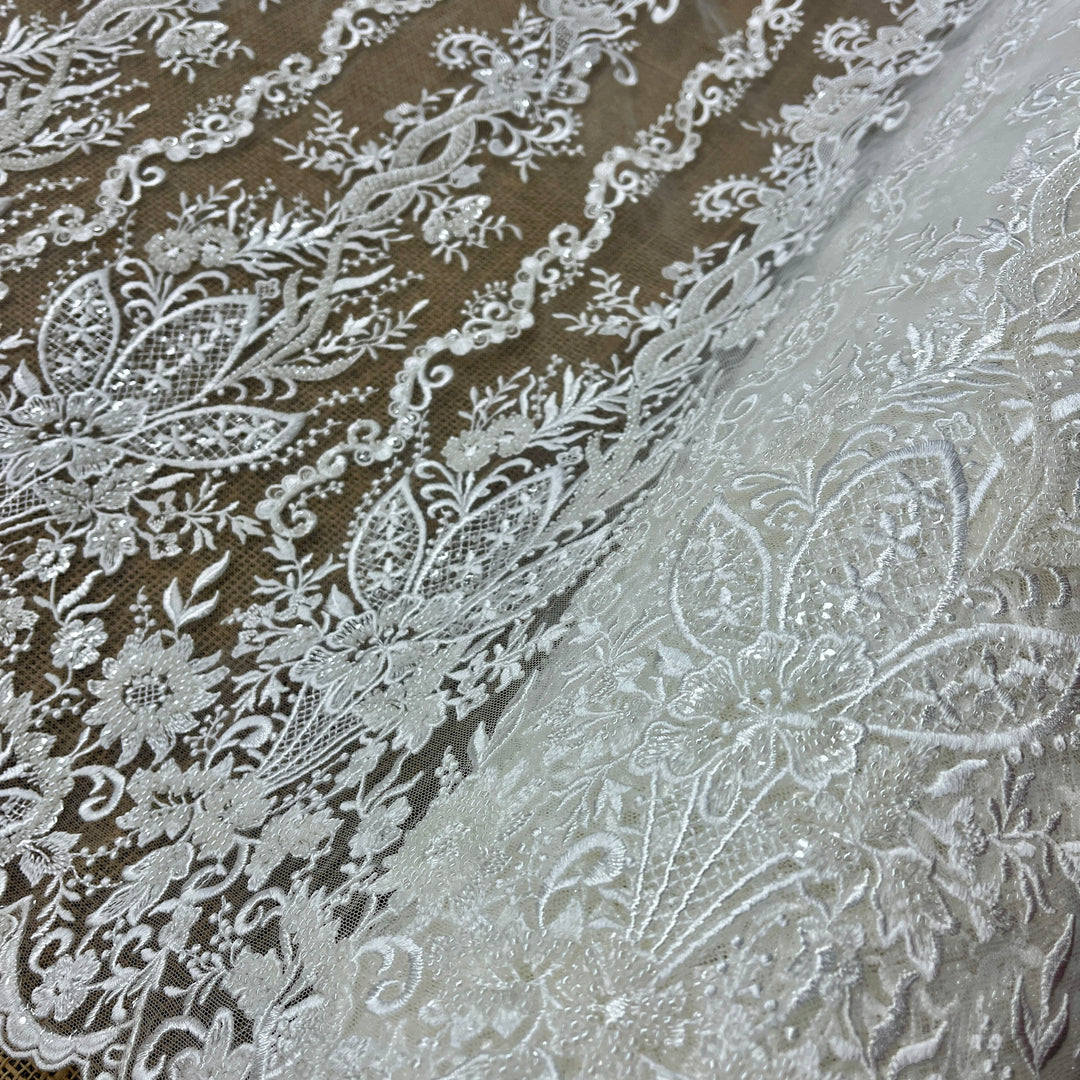 Beaded Lace Fabric Embroidered on 100% Polyester Net Mesh | Lace USA - GD-54129