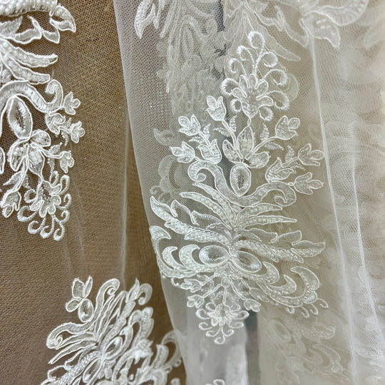 Beaded & Corded Bridal Lace Fabric Embroidered on 100% Polyester Net Mesh | Lace USA - GD-55319