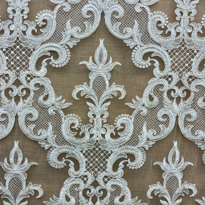 Beaded & Corded Bridal Lace Fabric Embroidered on 100% Polyester Net Mesh | Lace USA - GD-55924