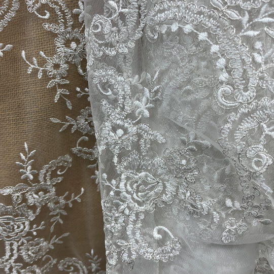 Corded Bridal Lace Fabric Embroidered on 100% Polyester Net Mesh | Lace USA -96806W