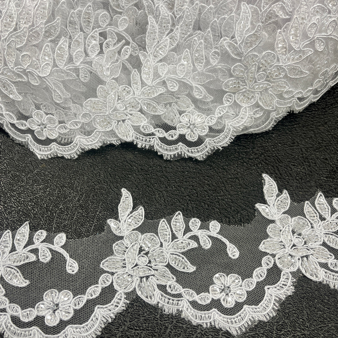 Beaded & Corded Lace Trimming Embroidered on 100% Polyester Net Mesh | Lace USA - 96665W-HB