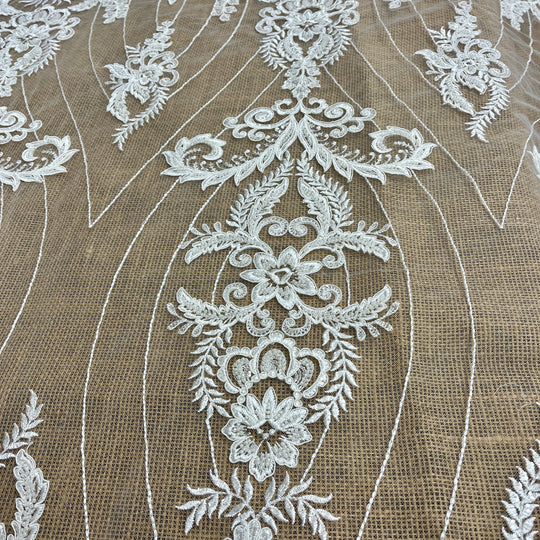 Beaded & Corded Bridal Lace Fabric Embroidered on 100% Polyester Net Mesh | Lace USA - GD-55519