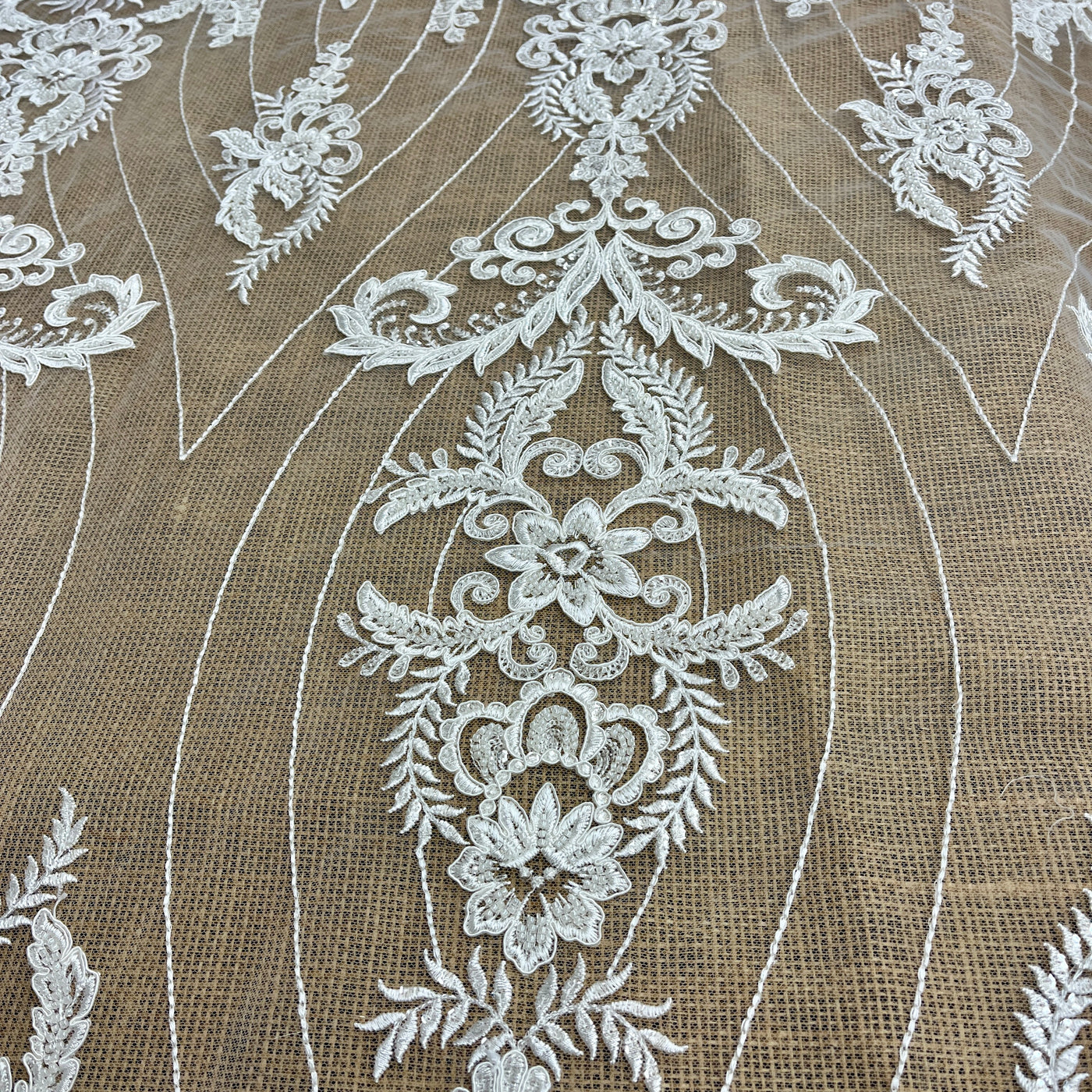 Beaded & Corded Bridal Lace Fabric Embroidered on 100% Polyester Net Mesh | Lace USA - GD-55519