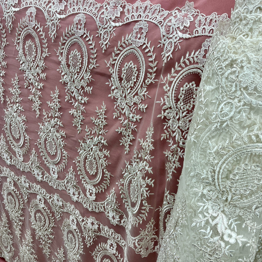 Corded Bridal Lace Fabric Embroidered on 100% Polyester Net Mesh | Lace USA - 97055W