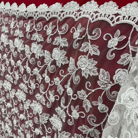 Beaded & Corded Bridal Lace Fabric Embroidered on 100% Polyester Net Mesh | Lace USA - 95042W-BP