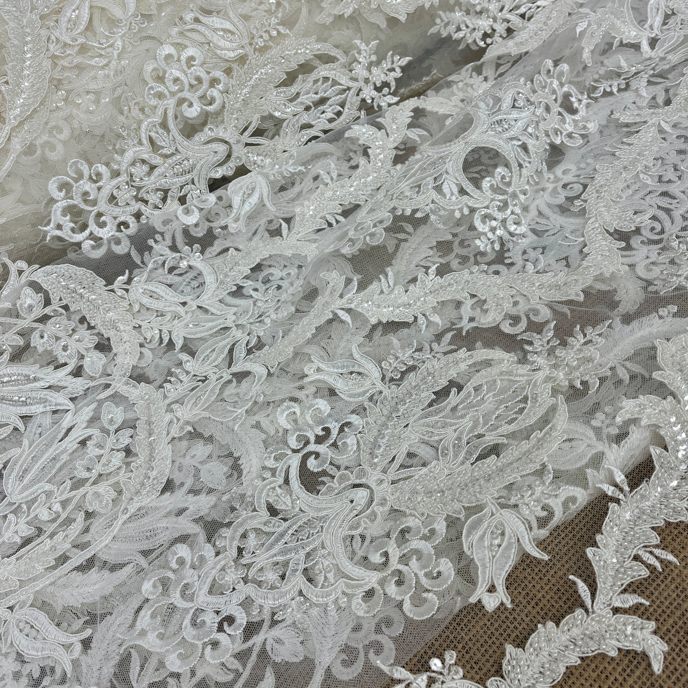 Beaded & Corded Bridal Lace Fabric Embroidered on 100% Polyester Net Mesh | Lace USA - GD-56425