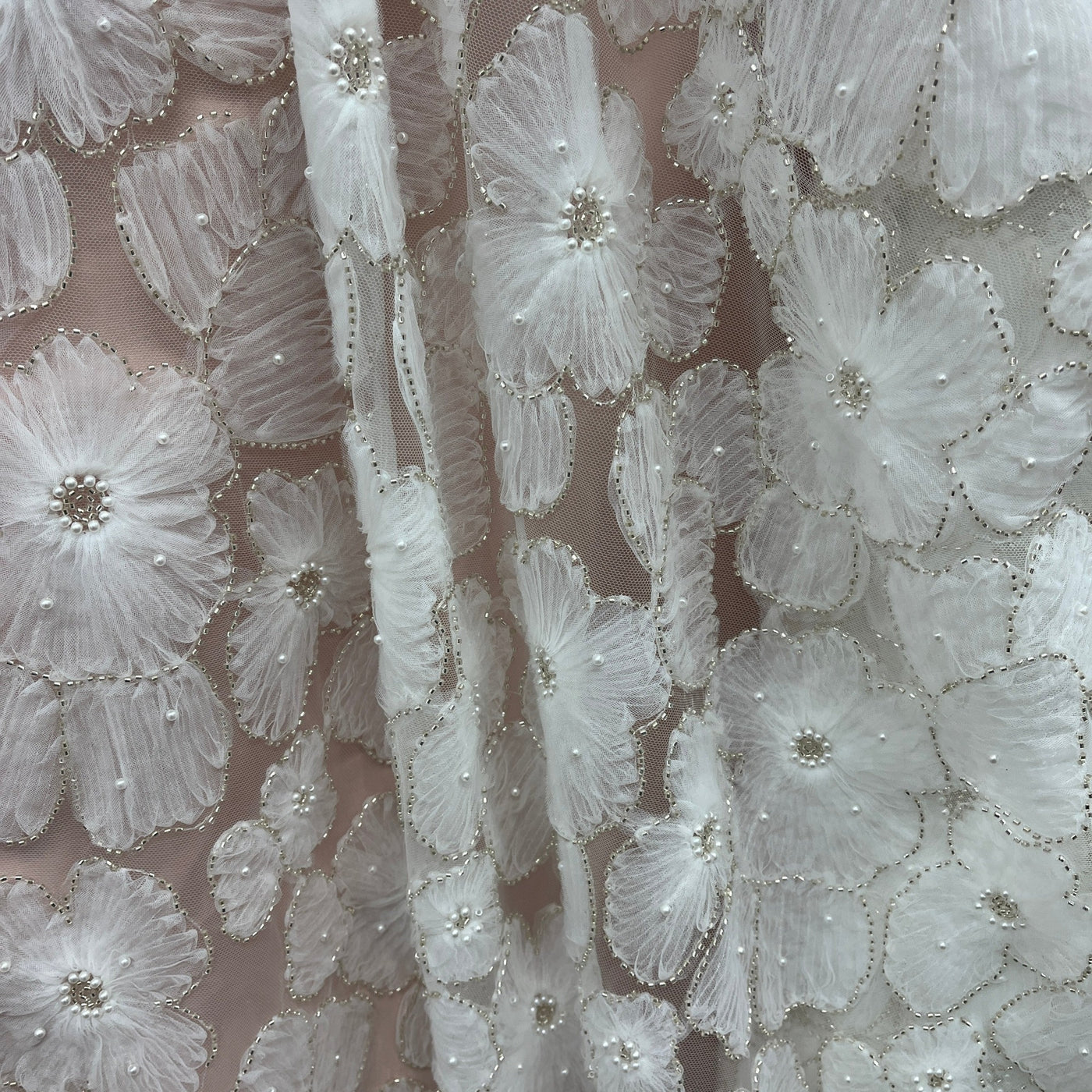 Beaded 3D Floral Lace Fabric Embroidered on 100% Polyester Net Mesh | Lace USA - GD-216