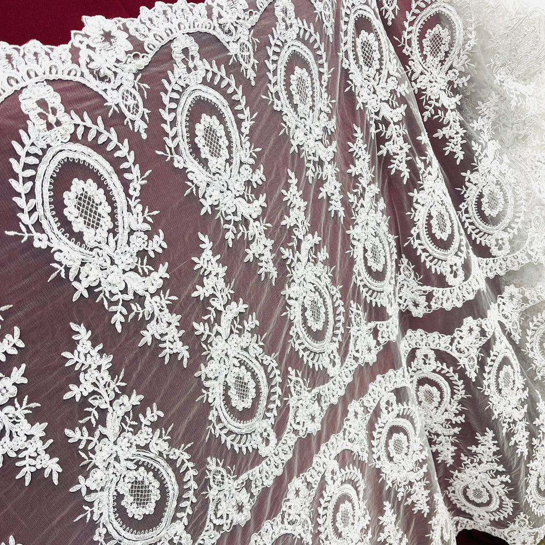 Beaded & Corded Lace Fabric Embroidered on 100% Polyester Net Mesh | Lace USA - 97055W-BPB