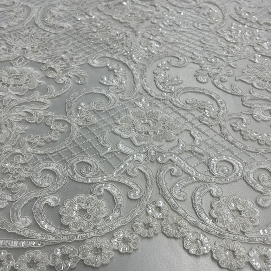 Beaded & Corded Bridal Lace Fabric Embroidered on 100% Polyester Net Mesh | Lace USA - GD-55425