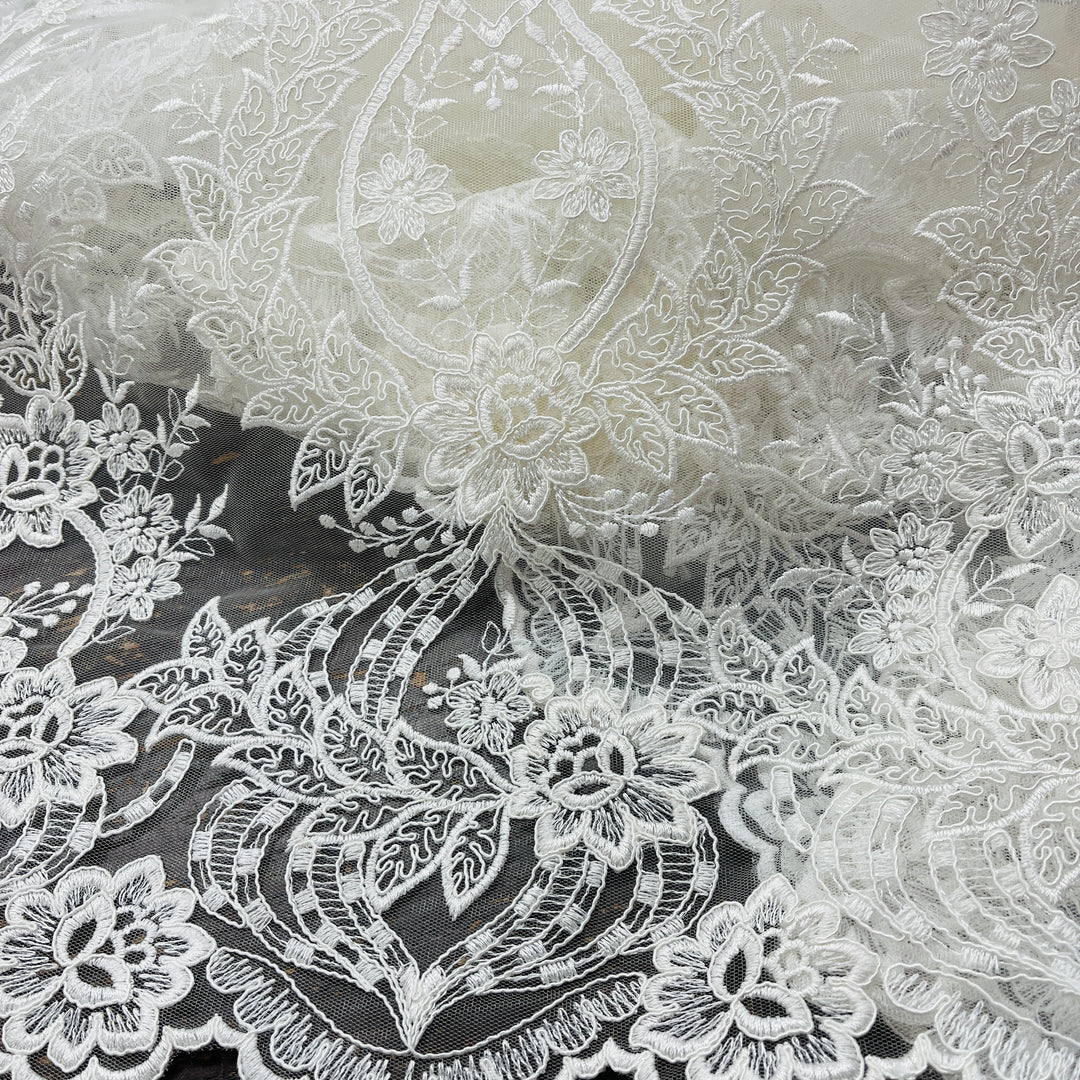 Corded Bridal Lace Fabric Embroidered on 100% Polyester Net Mesh | Lace USA - 97163W