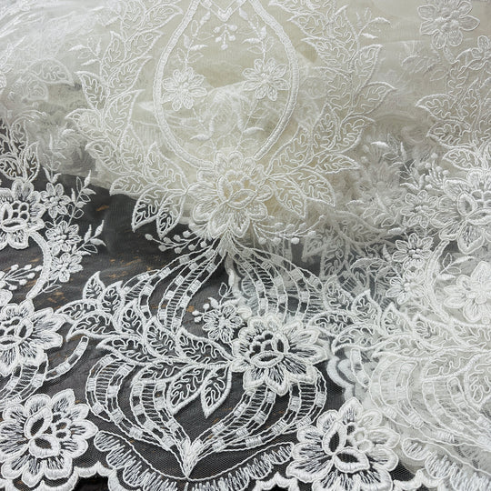 Corded Bridal Lace Fabric Embroidered on 100% Polyester Net Mesh | Lace USA - 97163W