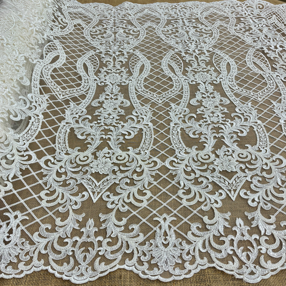 Beaded & Corded Bridal Lace Fabric Embroidered on 100% Polyester Net Mesh | Lace USA - GD-55221