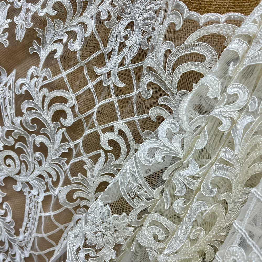 Beaded & Corded Bridal Lace Fabric Embroidered on 100% Polyester Net Mesh | Lace USA - GD-55221