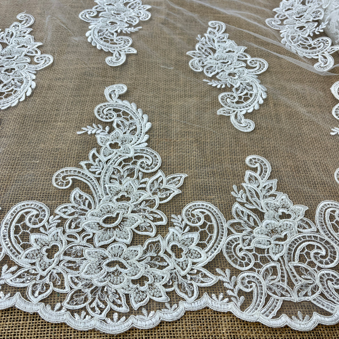 Beaded & Corded Bridal Lace Fabric Embroidered on 100% Polyester Net Mesh | Lace USA - GD-56320