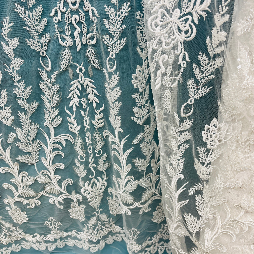 Beaded Lace Fabric Embroidered on 100% Polyester Net Mesh | Lace USA - GD-237303