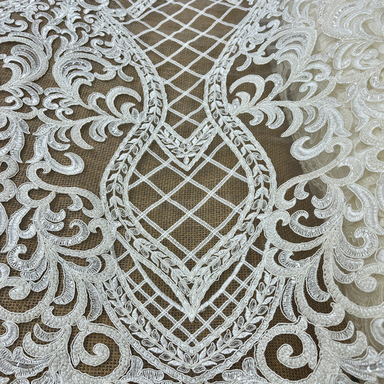 Beaded & Corded Bridal Lace Fabric Embroidered on 100% Polyester Net Mesh | Lace USA - GD-55221