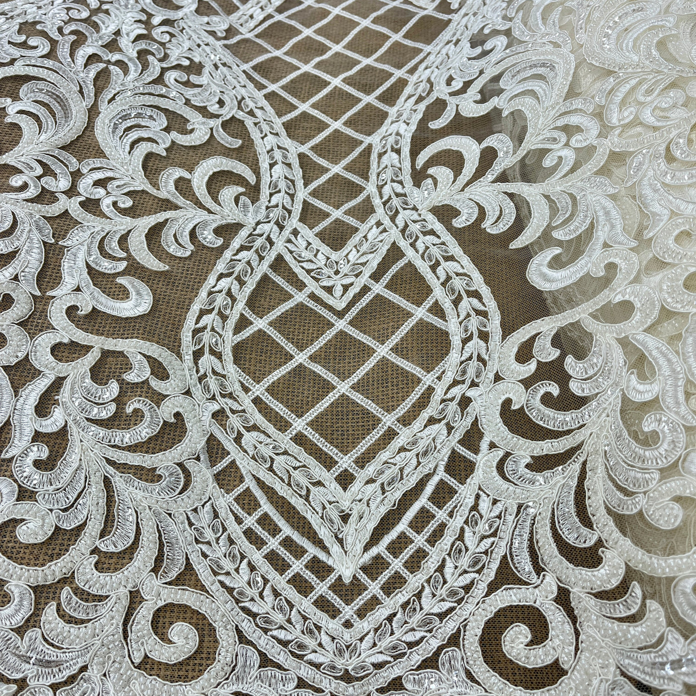 Beaded & Corded Bridal Lace Fabric Embroidered on 100% Polyester Net Mesh | Lace USA - GD-55221