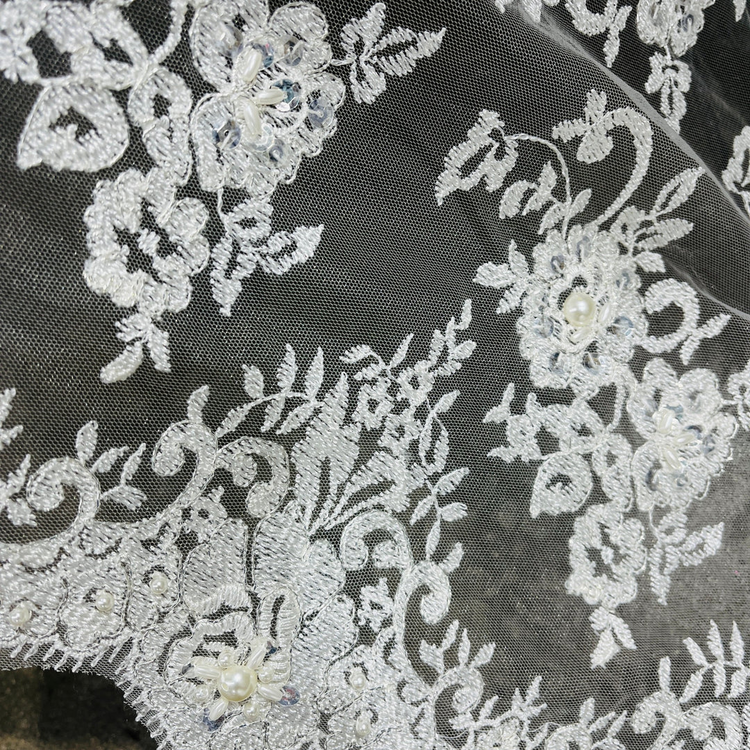 Beaded Lace Fabric Embroidered on 100% Polyester Net Mesh | Lace USA - 96682W-BP Ivory with Silver