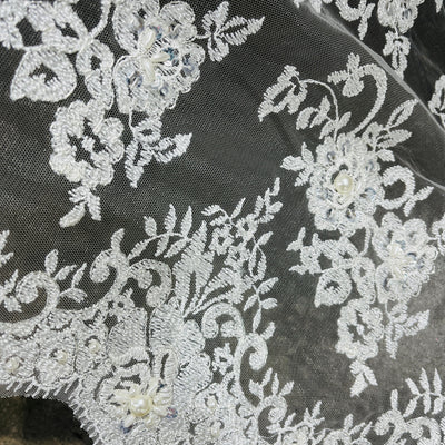Beaded Lace Fabric Embroidered on 100% Polyester Net Mesh | Lace USA - 96682W-BP Ivory with Silver