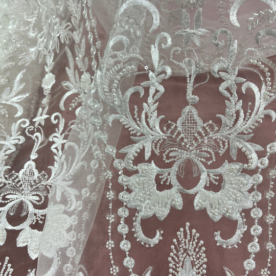 Beaded Lace Fabric Embroidered on 100% Polyester Net Mesh | Lace USA - GD-237341