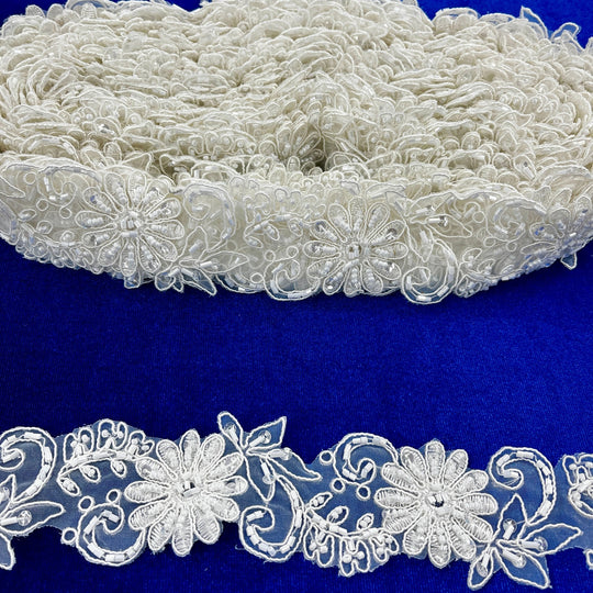 Beaded & Corded Lace Trimming Embroidered on 100% Polyester Organza  | Lace USA - 96275N-BP