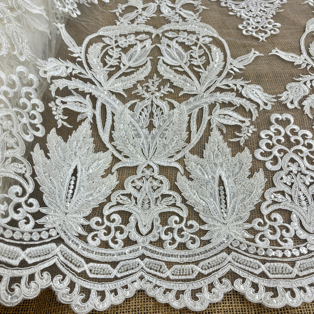 Beaded & Corded Bridal Lace Fabric Embroidered on 100% Polyester Net Mesh | Lace USA - GD-56425