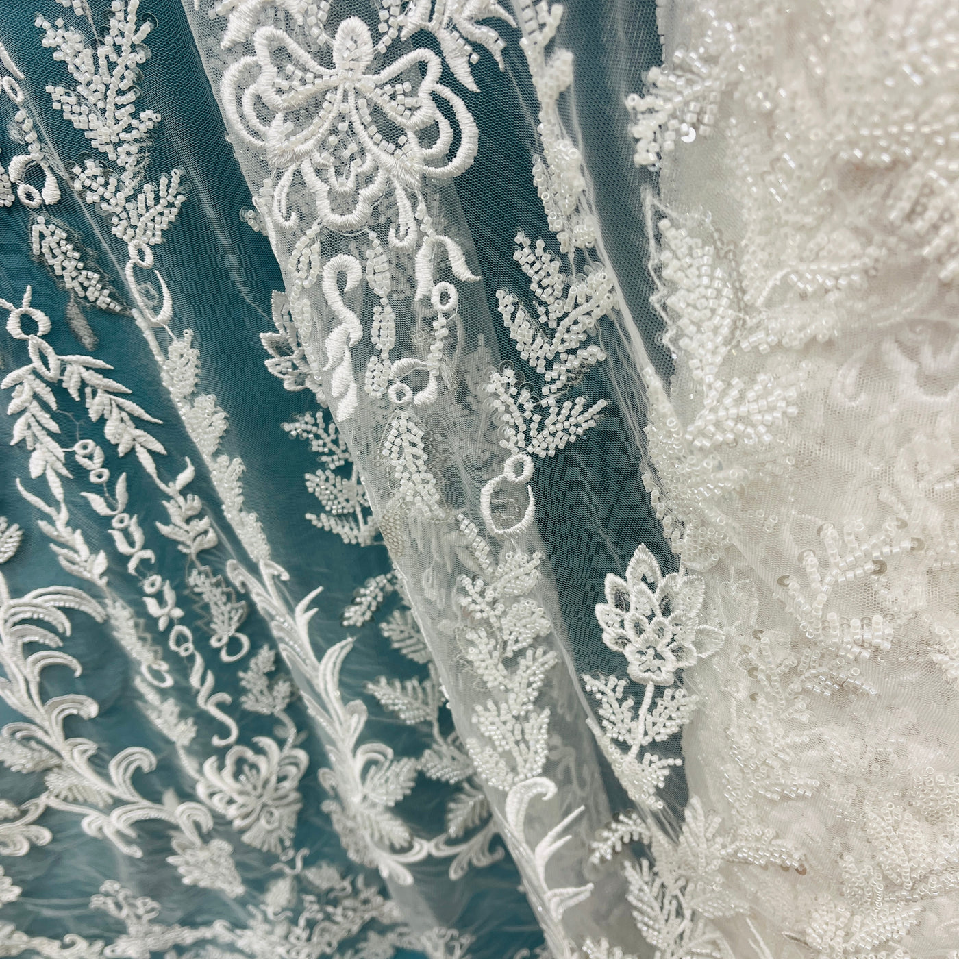 Beaded Lace Fabric Embroidered on 100% Polyester Net Mesh | Lace USA - GD-237303