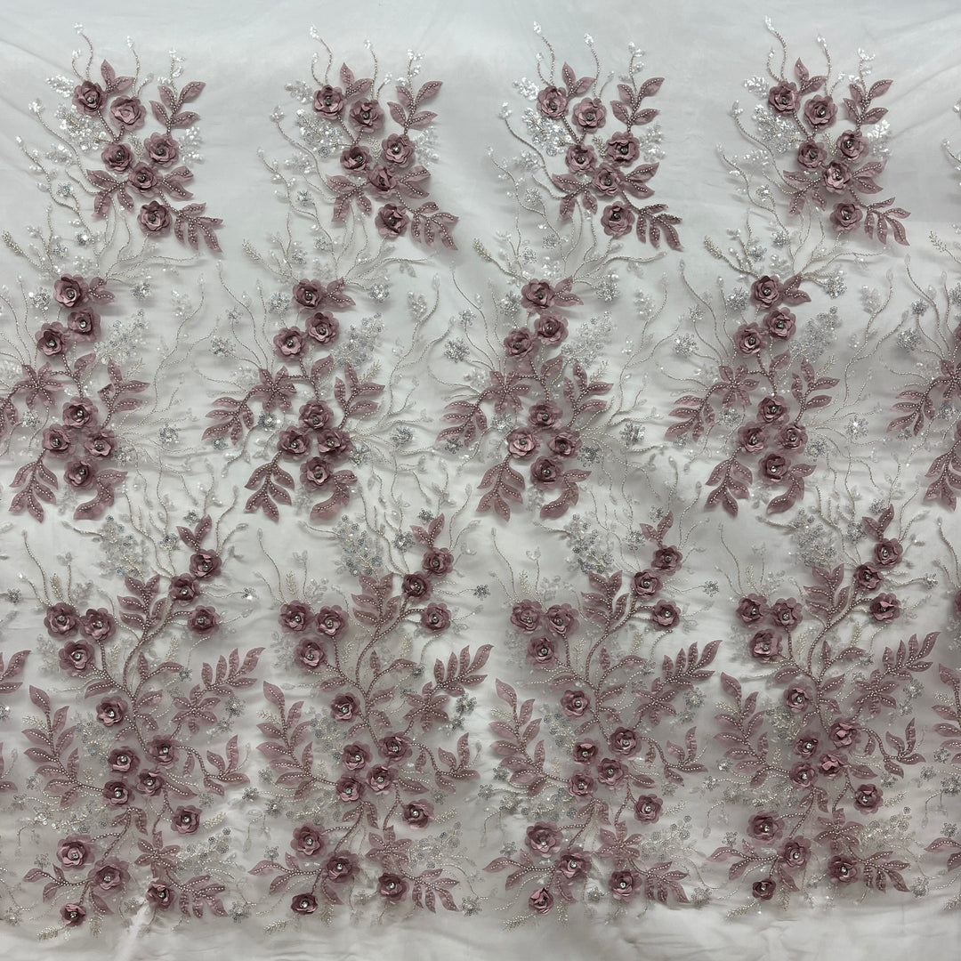 Beaded 3D Floral Lace Fabric Embroidered on 100% Polyester Net Mesh | Lace USA - GD-229