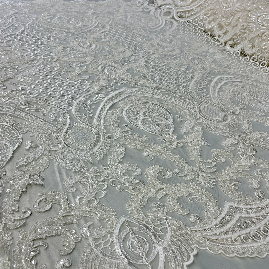 Beaded & Corded Bridal Lace Fabric Embroidered on 100% Polyester Net Mesh | Lace USA - GD-56127