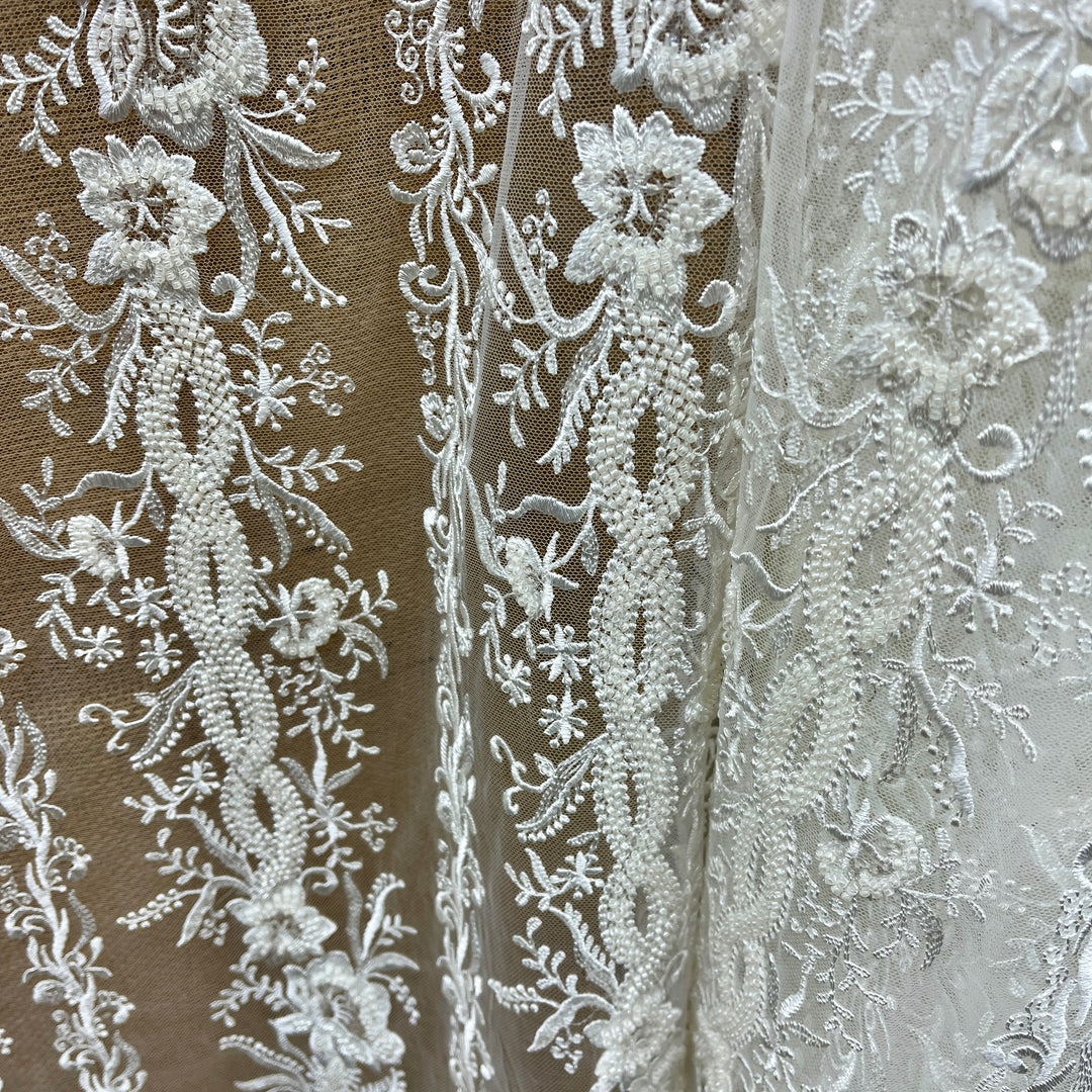 Beaded Lace Fabric Embroidered on 100% Polyester Net Mesh | Lace USA - GD-53627