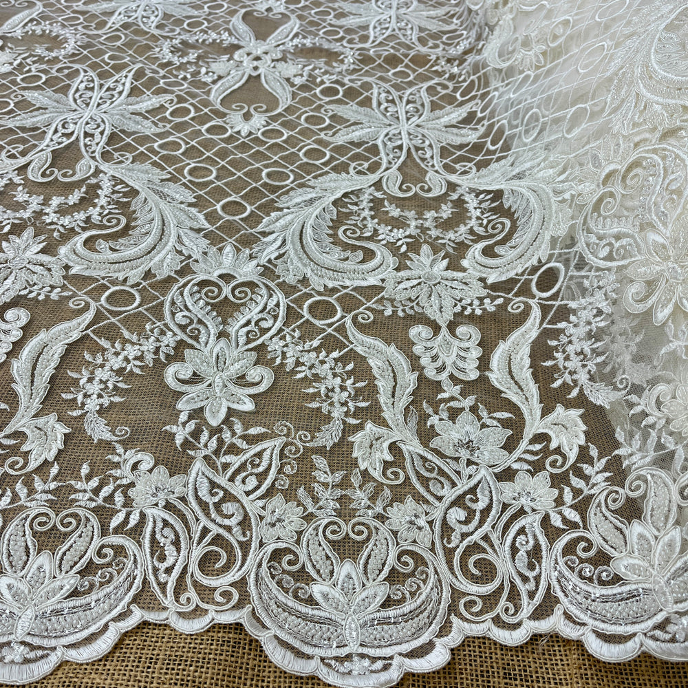 Beaded & Corded Bridal Lace Fabric Embroidered on 100% Polyester Net Mesh | Lace USA - GD-56024