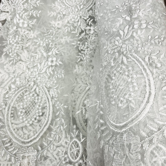 Corded Bridal Lace Fabric Embroidered on 100% Polyester Net Mesh | Lace USA - 97055W