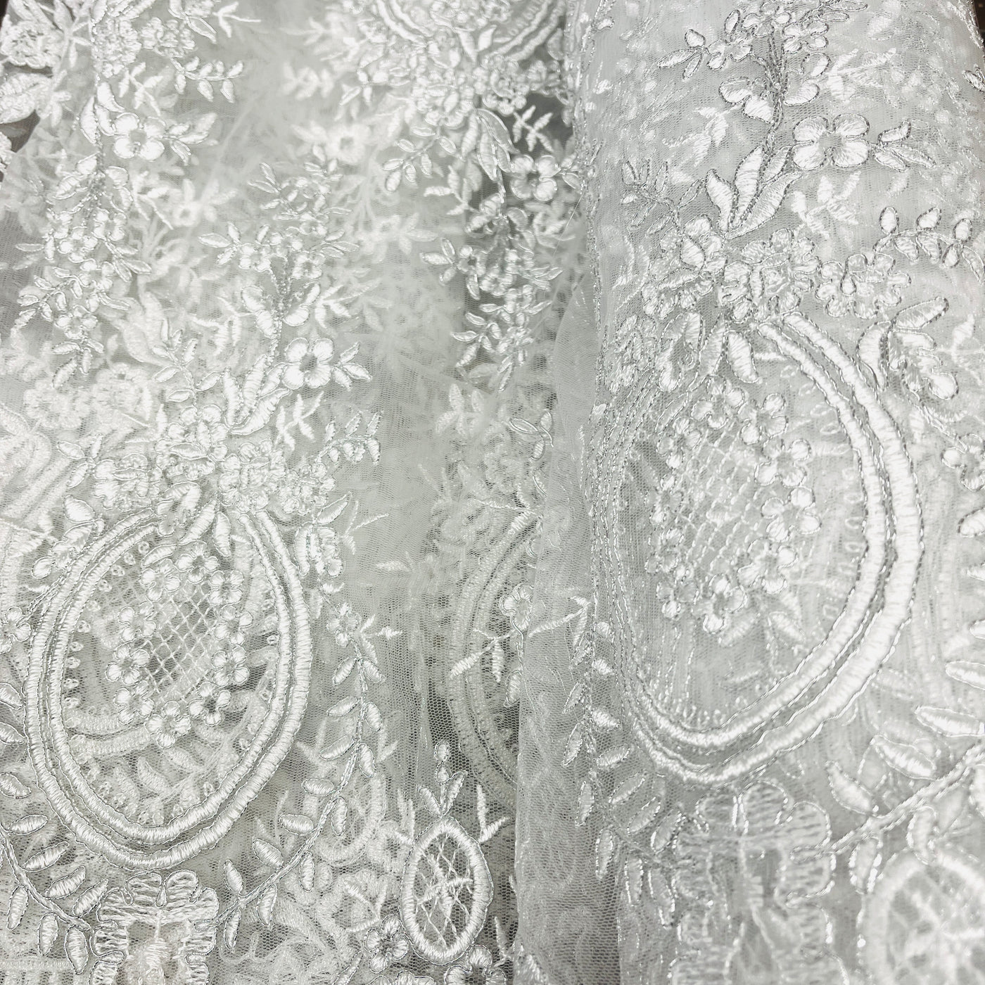 Corded Bridal Lace Fabric Embroidered on 100% Polyester Net Mesh | Lace USA - 97055W