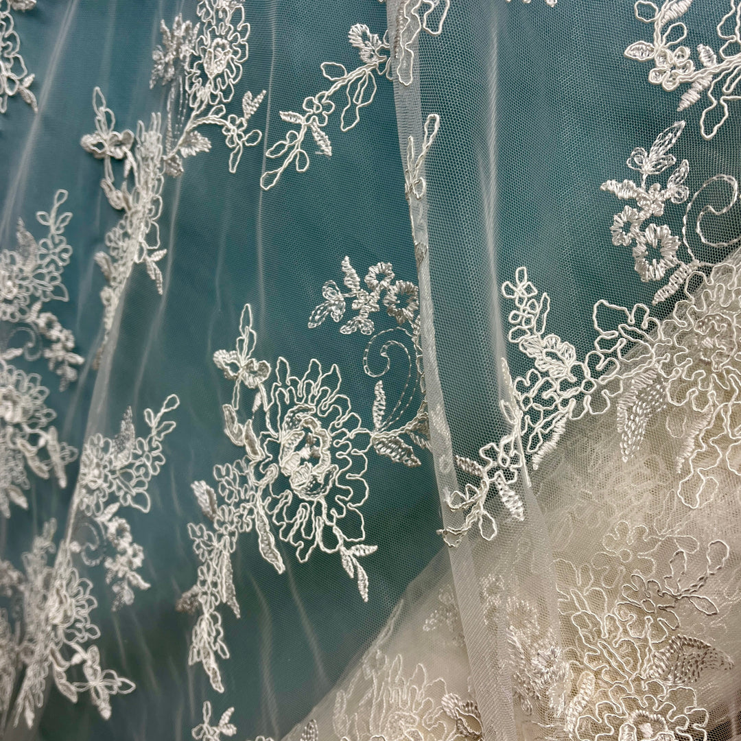 Corded Bridal Lace Fabric Embroidered on 100% Polyester Net Mesh | Lace USA - 96979W