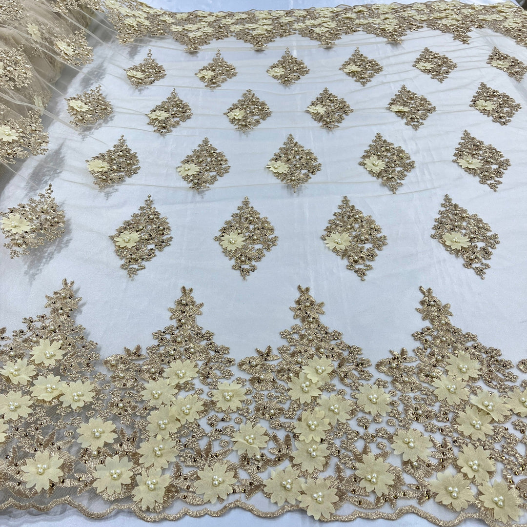 Beaded 3D Floral Lace Fabric Embroidered on 100% Polyester Net Mesh | Lace USA - GD-176