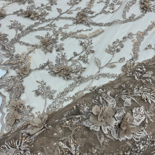 Beaded 3D Floral Lace Fabric Embroidered on 100% Polyester Net Mesh | Lace USA - GD-302