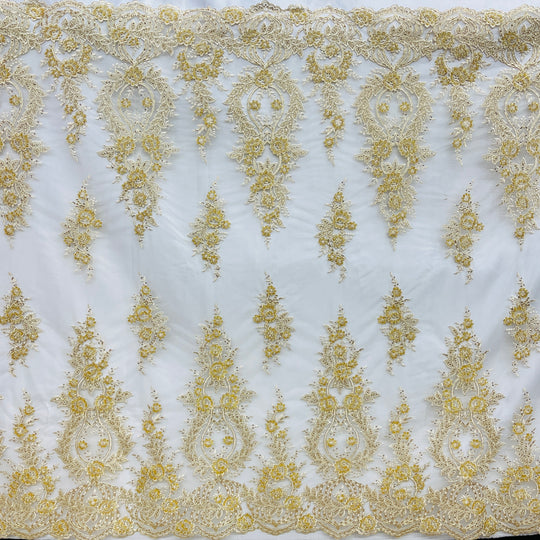 Beaded & Corded Bridal Lace Fabric Embroidered on 100% Polyester Net Mesh | Lace USA - GD-55619