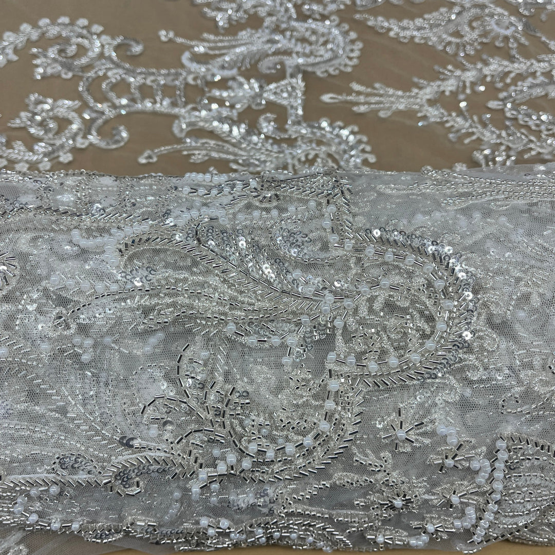 Beaded Lace Fabric Embroidered on 100% Polyester Net Mesh | Lace USA - GD-237189 Antique Silver