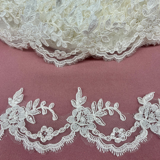 Beaded & Corded Lace Trimming Embroidered on 100% Polyester Net Mesh | Lace USA - 96665W-HB