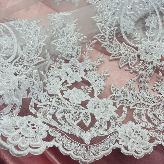 Beaded & Corded Bridal Lace Fabric Embroidered on 100% Polyester Net Mesh | Lace USA - GD-55619