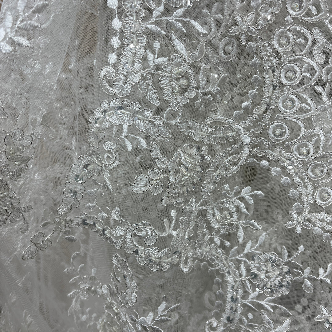 Beaded & Corded Bridal Lace Fabric Embroidered on 100% Polyester Net Mesh | Lace USA - 96806W-BPB