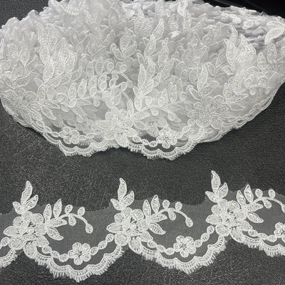 Beaded & Corded Lace Trimming Embroidered on 100% Polyester Net Mesh | Lace USA - 96665W-HB