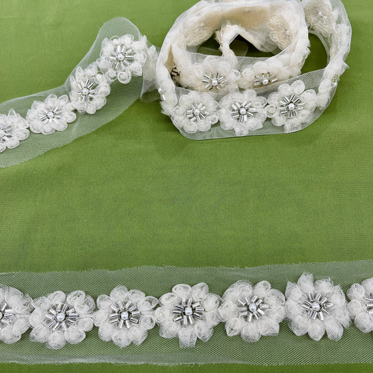 3D Floral Lace Trimming Embroidered on 100% Polyester Net Mesh | Lace USA - GD-06 Ivory