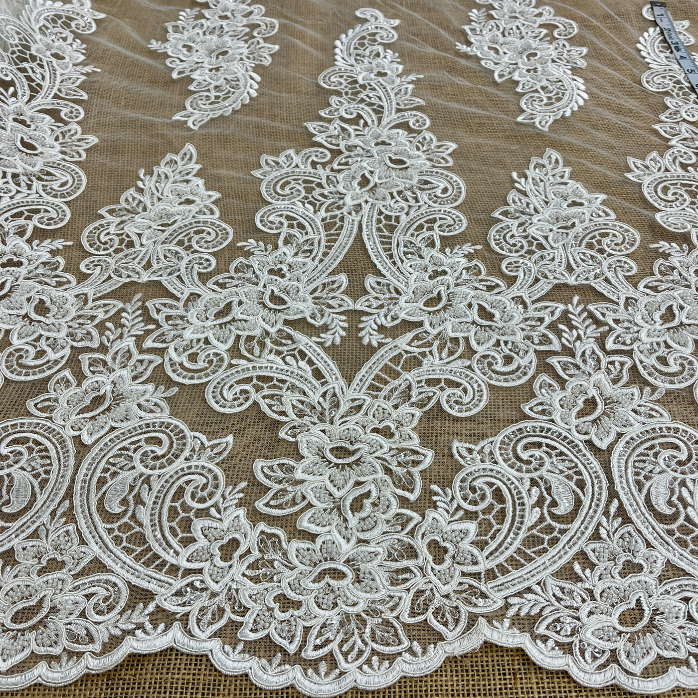 Beaded & Corded Bridal Lace Fabric Embroidered on 100% Polyester Net Mesh | Lace USA - GD-56320