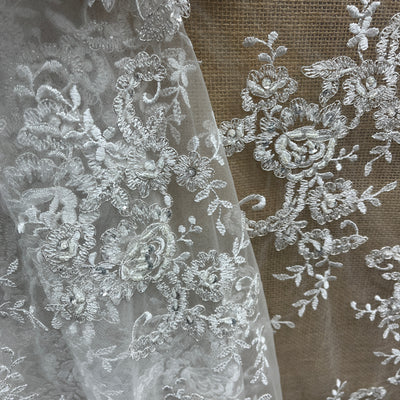 Beaded & Corded Bridal Lace Fabric Embroidered on 100% Polyester Net Mesh | Lace USA - 96806W-BPB