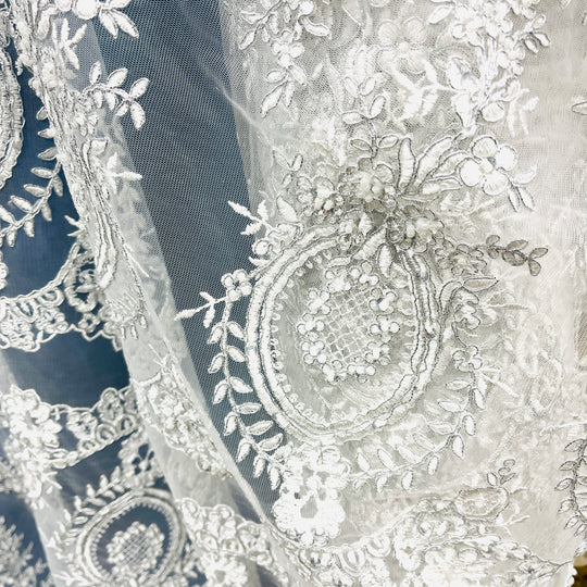 Beaded & Corded Lace Fabric Embroidered on 100% Polyester Net Mesh | Lace USA - 97055W-BPB