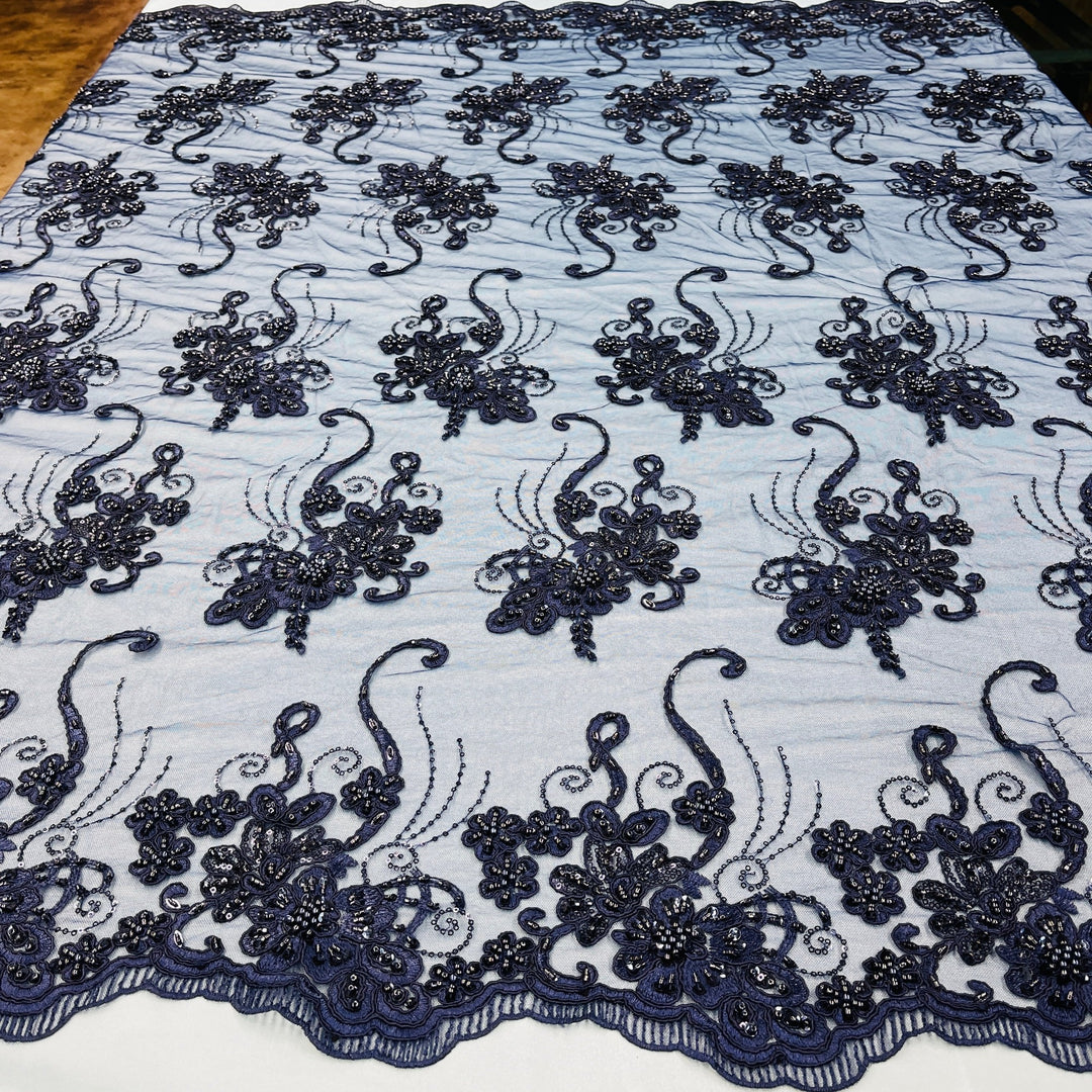 Beaded & Corded Lace Fabric Embroidered on 100% Polyester Net Mesh | Lace USA - GD-1807 Navy